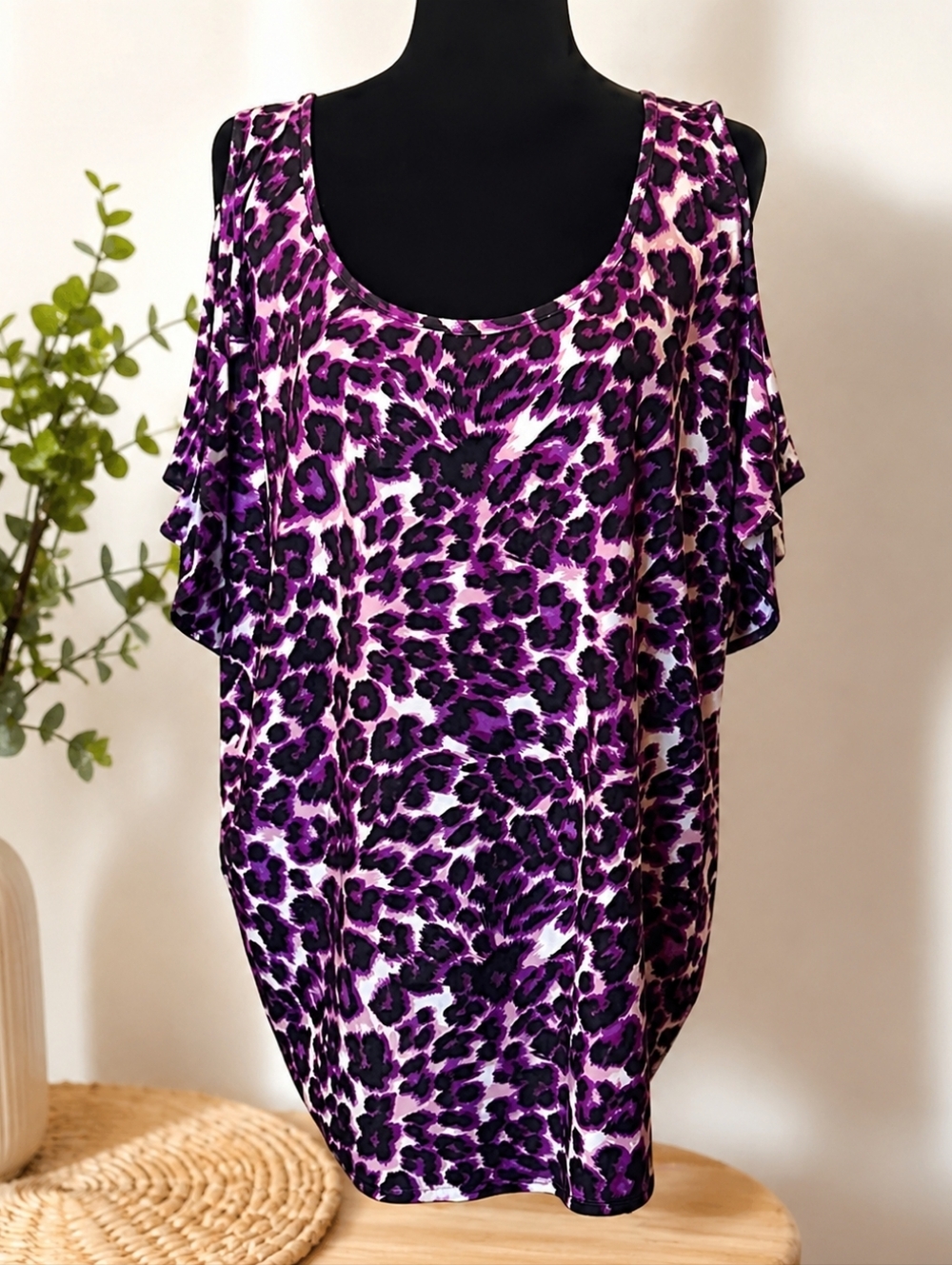 Purple Leopard Print Cold Shoulder Blouse Flowy Tunic Top Women’s Plus Animal
